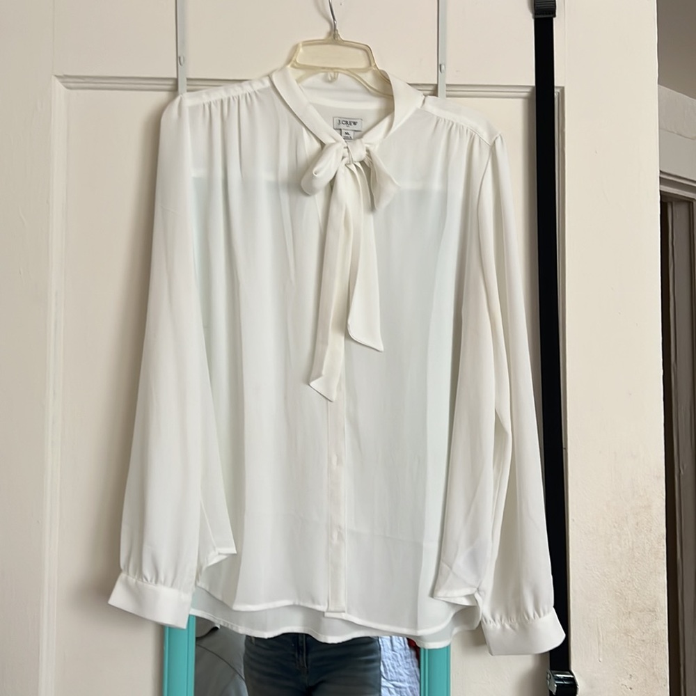 Button Up Draped Neck Tie Blouse